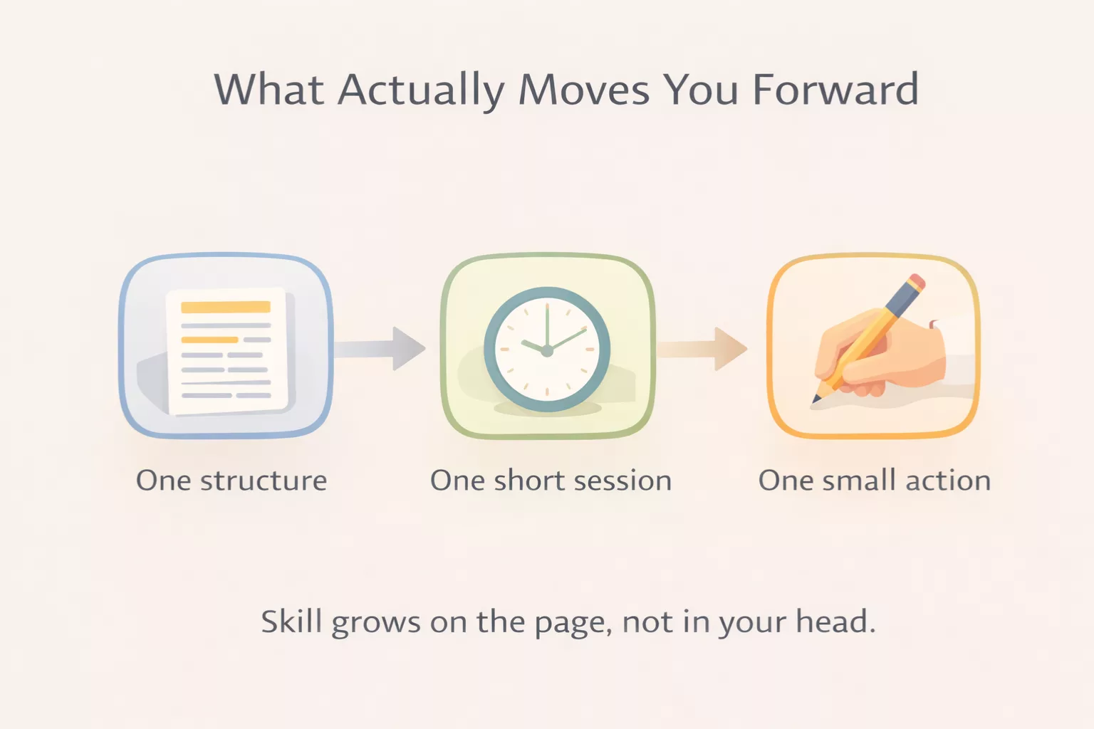 Three-step writing progress graphic showing one structure, one short session, and one small action
